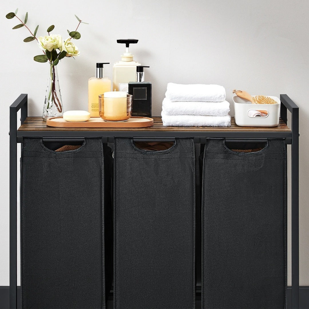 panier à linge à 3 compartiments plateau pour accessoires